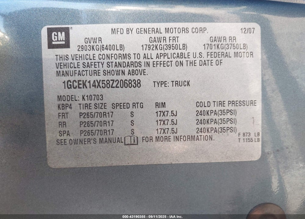 2008 CHEVROLET SILVERADO 1500 WORK TRUCK VIN: 1GCEK14X58Z206838