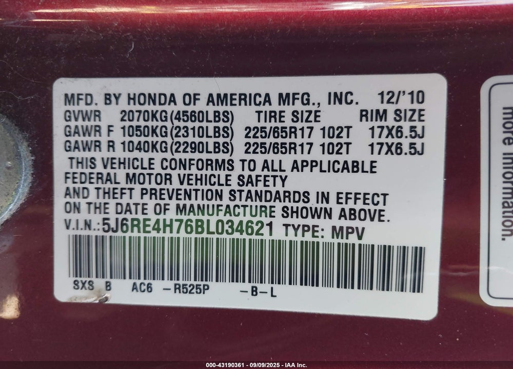 2011 HONDA CR-V EX-L VIN: 5J6RE4H76BL034621