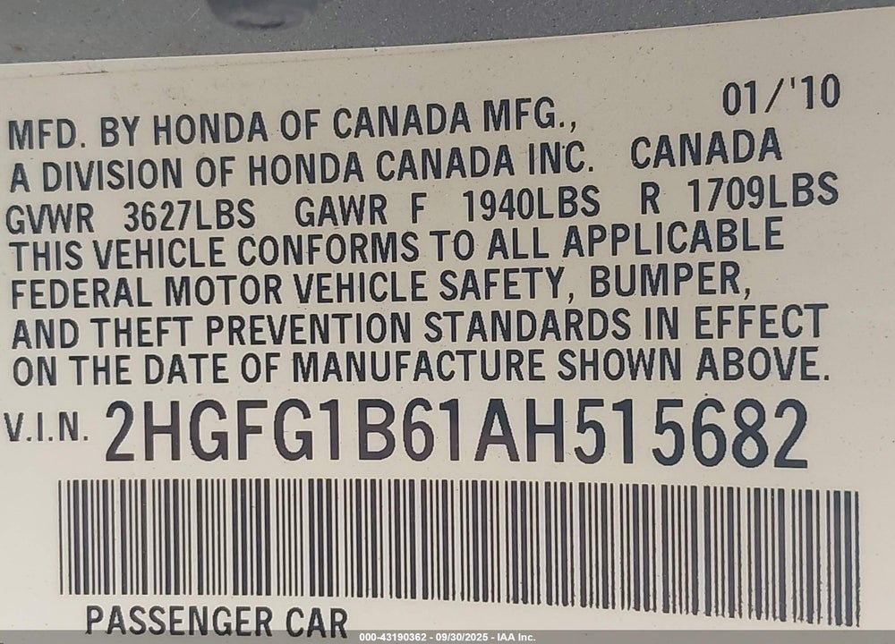 2010 HONDA CIVIC VIN: 2HGFG1B61AH515682