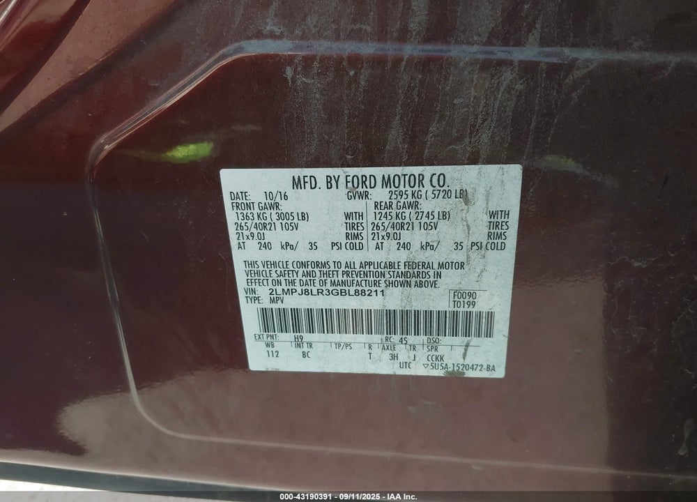 2016 LINCOLN MKX VIN: 2LMPJ8LR3GBL88211