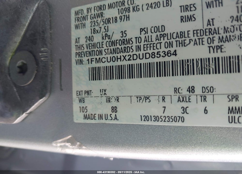 2013 FORD ESCAPE VIN: 1FMCU0HX2DUD85364