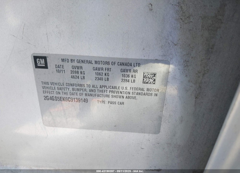 2012 BUICK REGAL VIN: 2G4GS5EK6C9139149