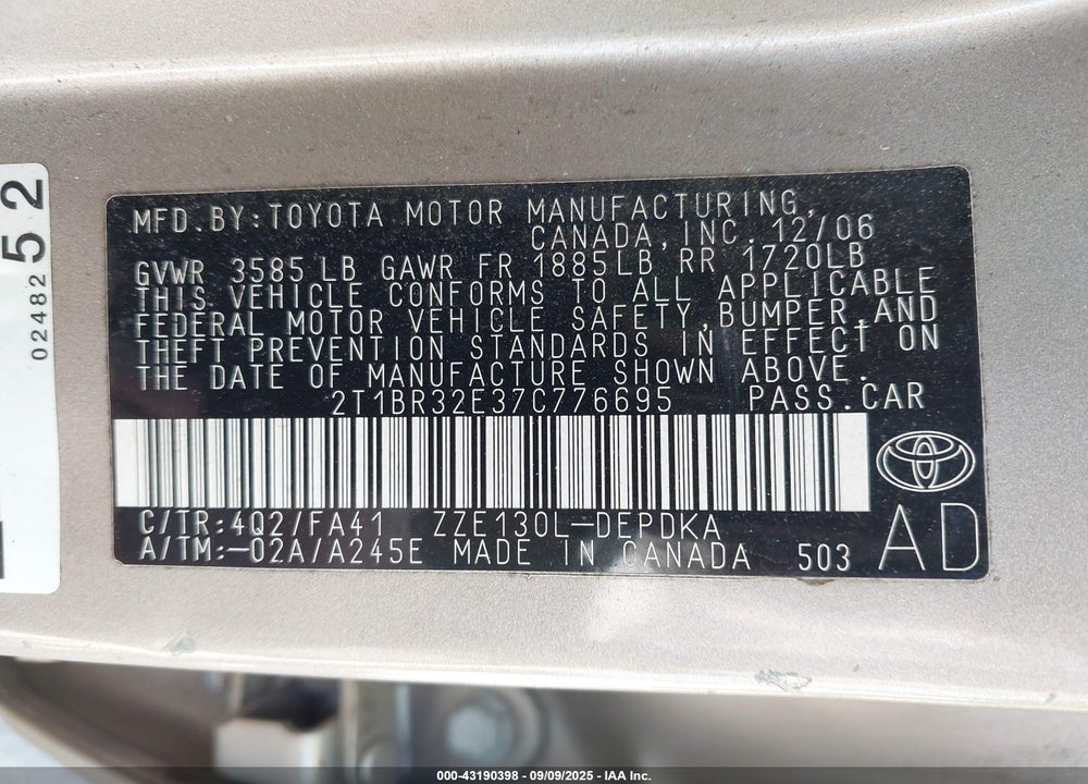 2007 TOYOTA COROLLA CE VIN: 2T1BR32E37C776695