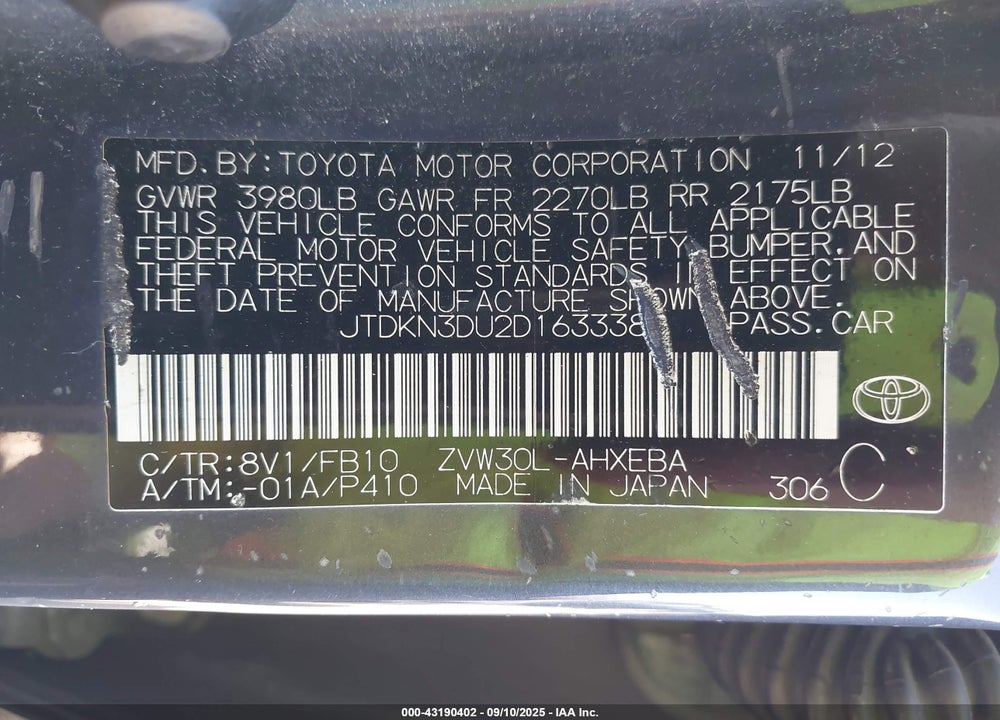 2013 TOYOTA PRIUS VIN: JTDKN3DU2D1633382