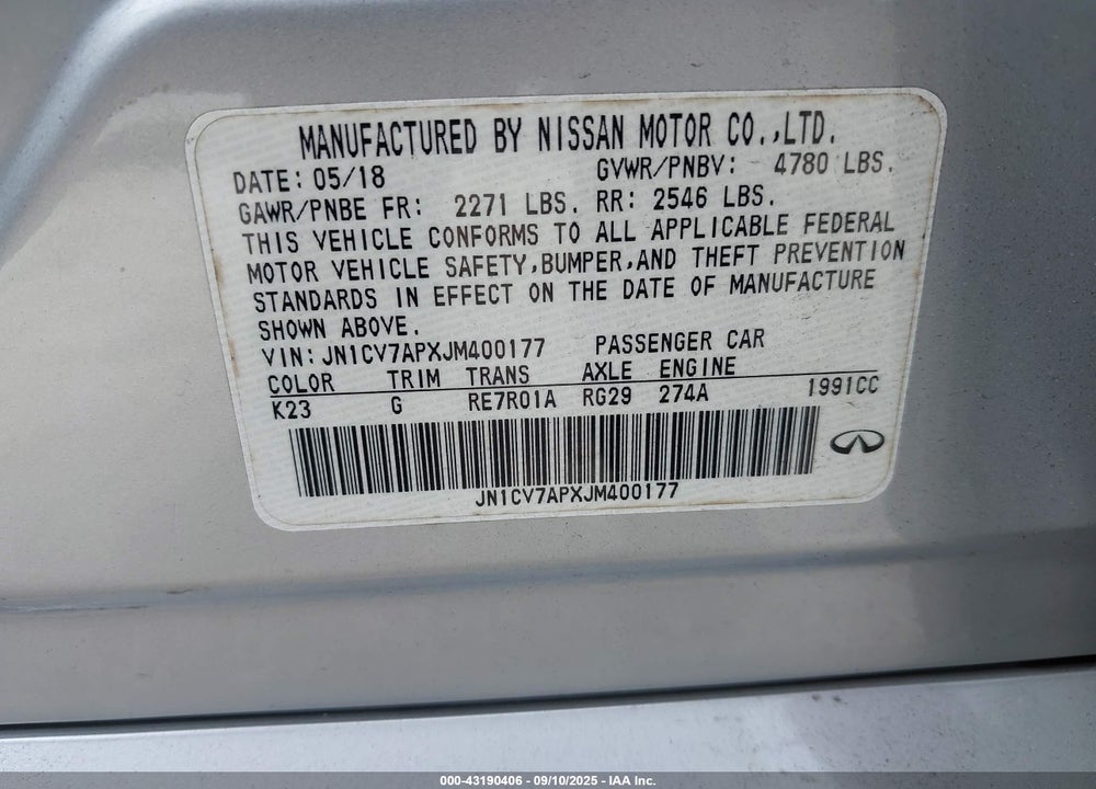 2018 INFINITI Q50 2.0T PURE VIN: JN1CV7APXJM400177