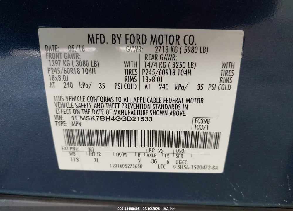 2016 FORD EXPLORER VIN: 1FM5K7BH4GGD21533