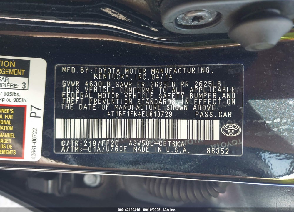 2014 TOYOTA CAMRY VIN: 4T1BF1FK4EU813729