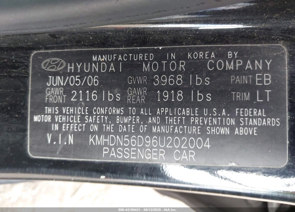 2006 HYUNDAI ELANTRA VIN: KMHDN56D96U202004