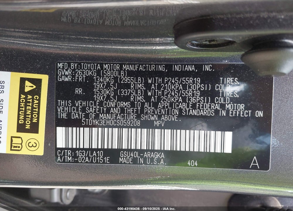 2012 TOYOTA HIGHLANDER LIMITED V6 VIN: 5TDYK3EH0CS059208