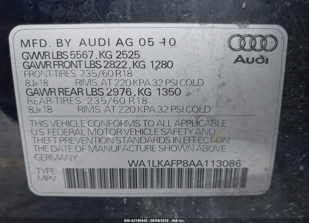 2010 AUDI Q5 3.2 PREMIUM VIN: WA1LKAFP8AA113086