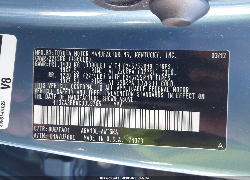 2012 TOYOTA VENZA VIN: 4T3ZA3BB8CU059785