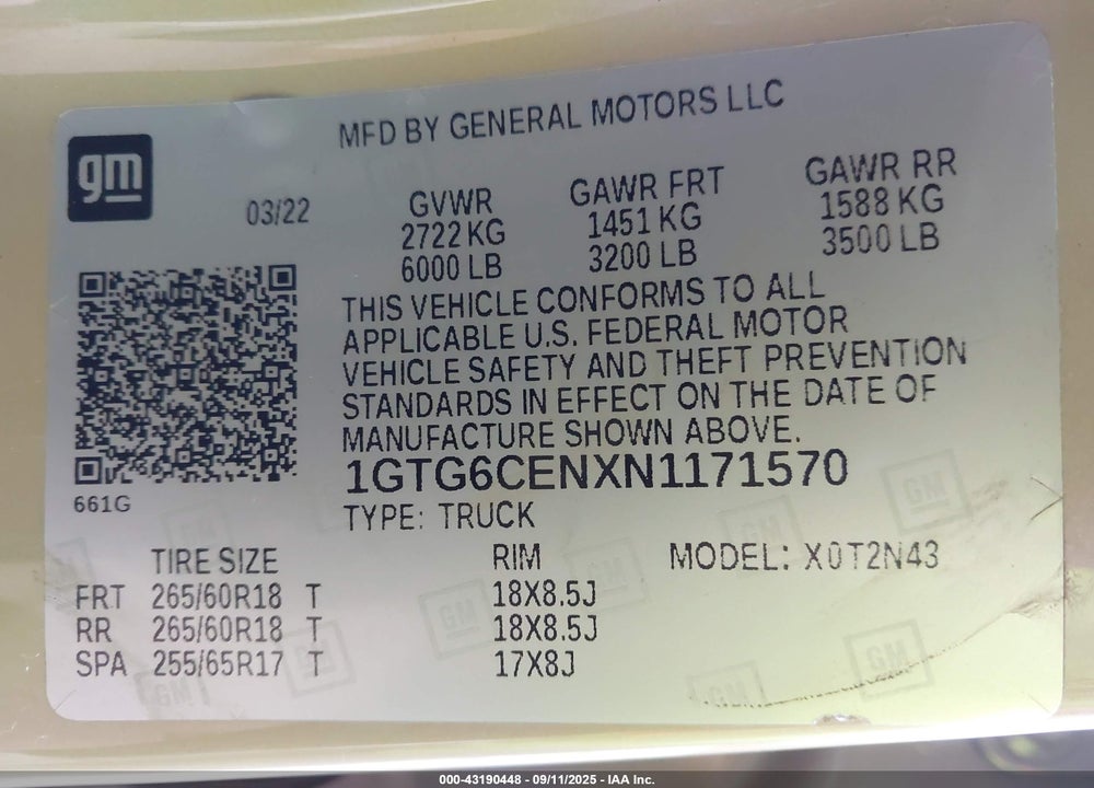 2022 GMC CANYON VIN: 1GTG6CENXN1171570