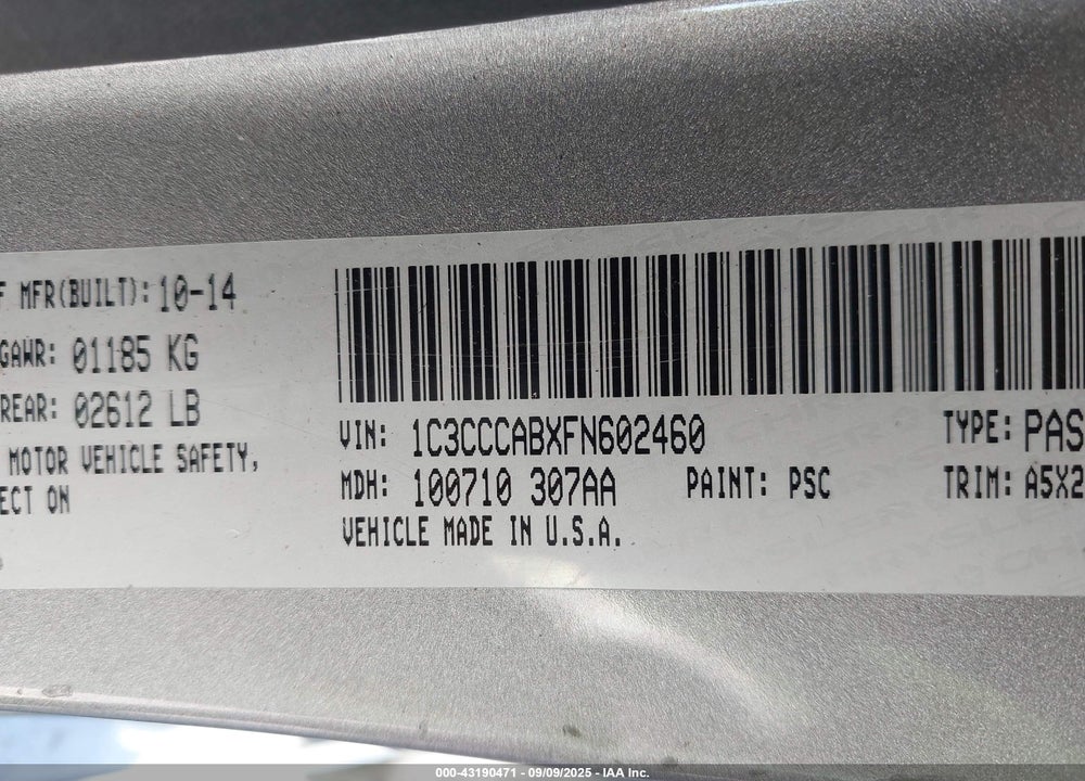 2015 CHRYSLER 200 VIN: 1C3CCCABXFN602460