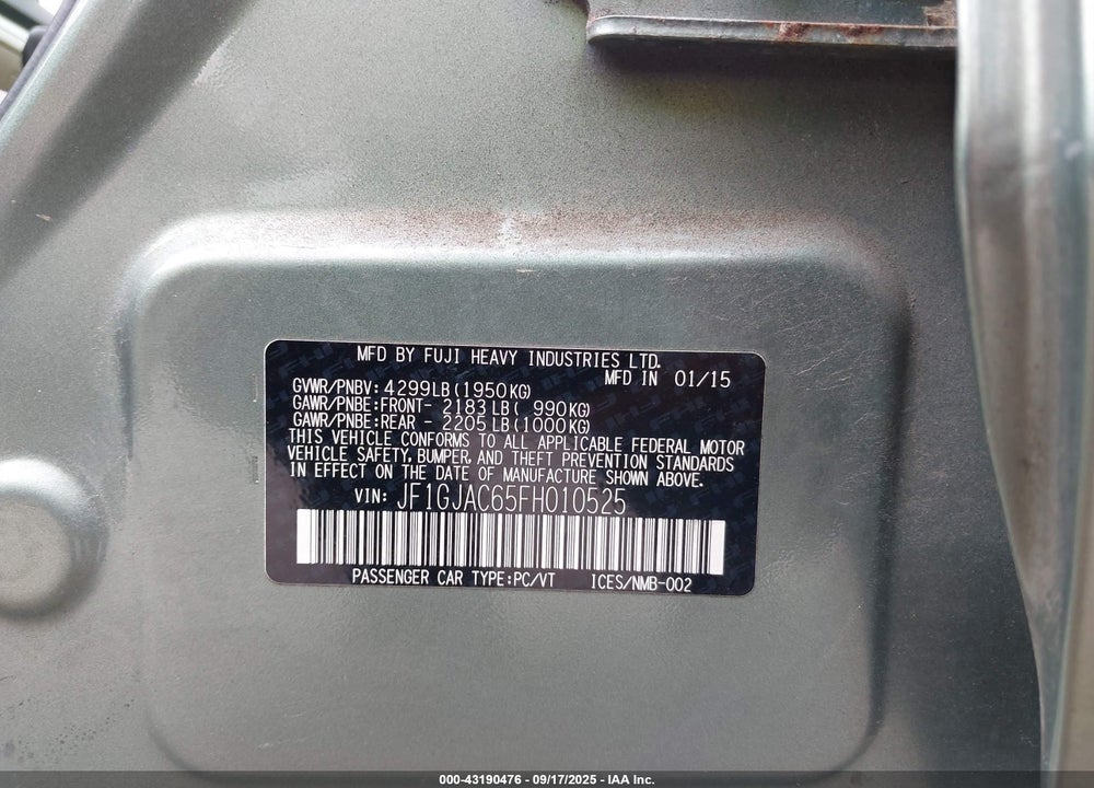 2015 SUBARU IMPREZA VIN: JF1GJAC65FH010525