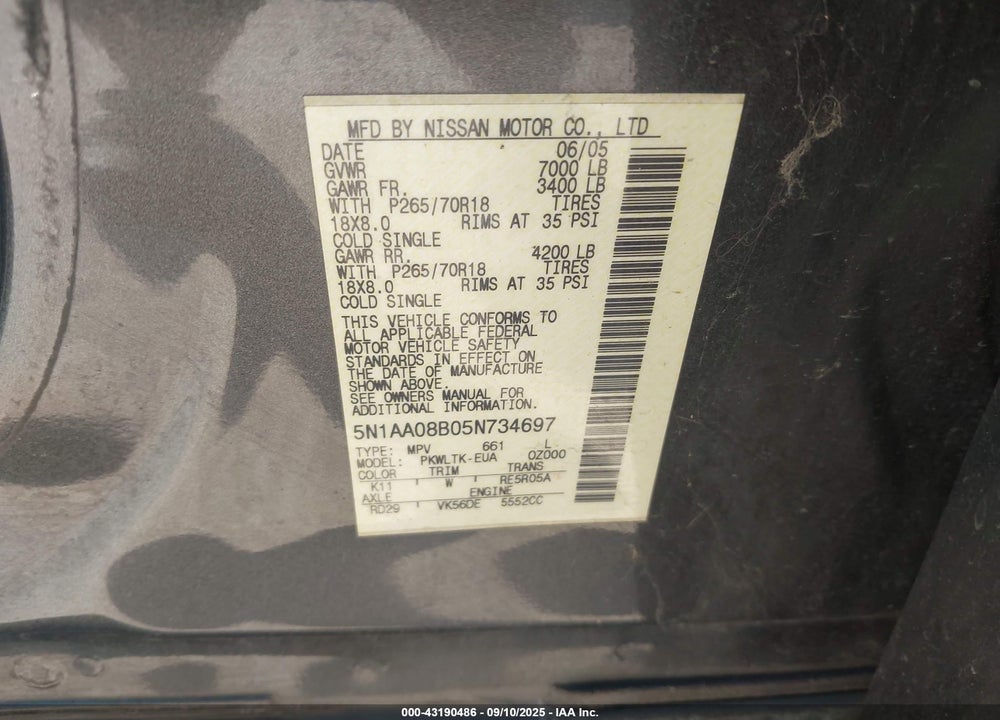 2005 NISSAN ARMADA SE VIN: 5N1AA08B05N734697