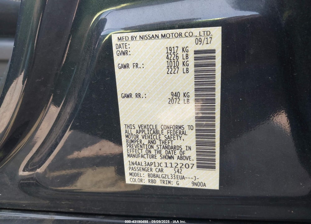 2018 NISSAN ALTIMA VIN: 1N4AL3AP1JC112207