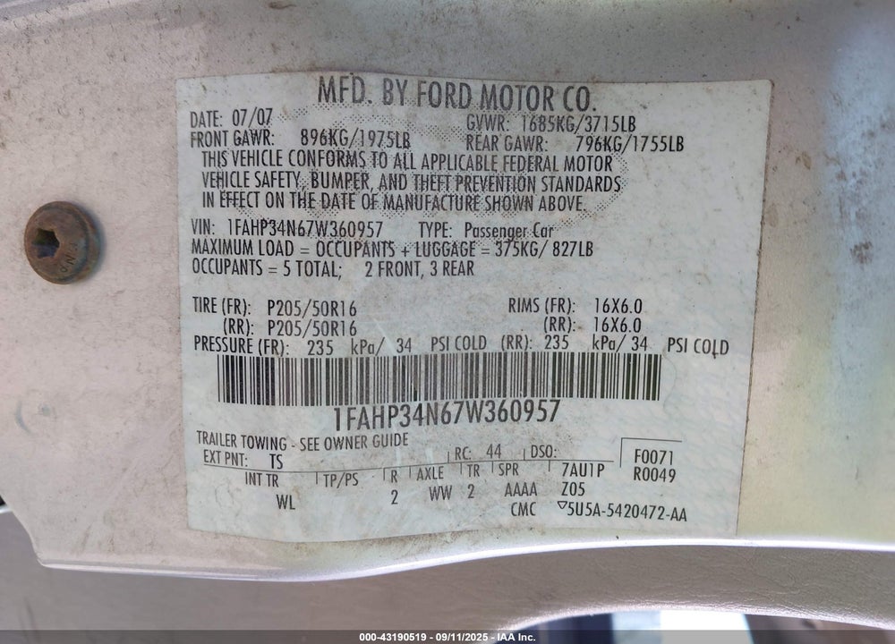 2007 FORD FOCUS VIN: 1FAHP34N67W360957