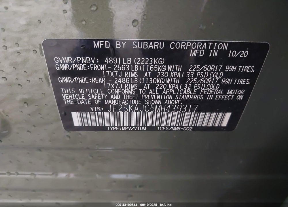 2021 SUBARU FORESTER VIN: JF2SKAJC5MH439317