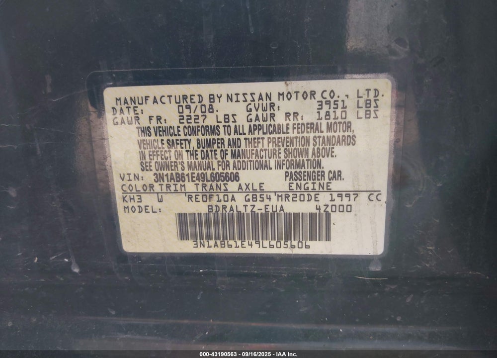 2009 NISSAN SENTRA VIN: 3N1AB61E49L605606