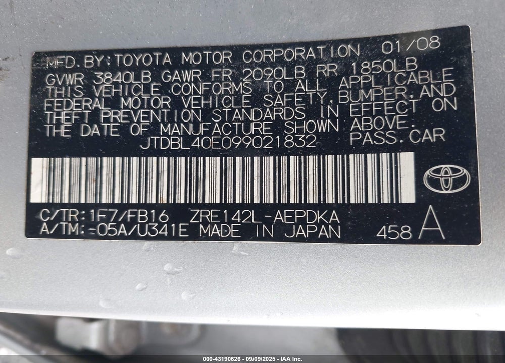 2009 TOYOTA COROLLA VIN: JTDBL40E099021832