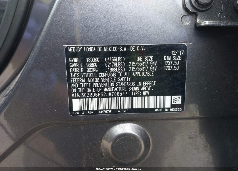 2018 HONDA HR-V VIN: 3CZRU6H52JM708547