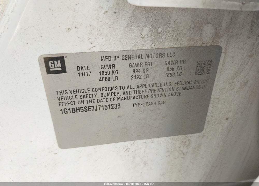 2018 CHEVROLET CRUZE VIN: 1G1BH5SE7J7151233