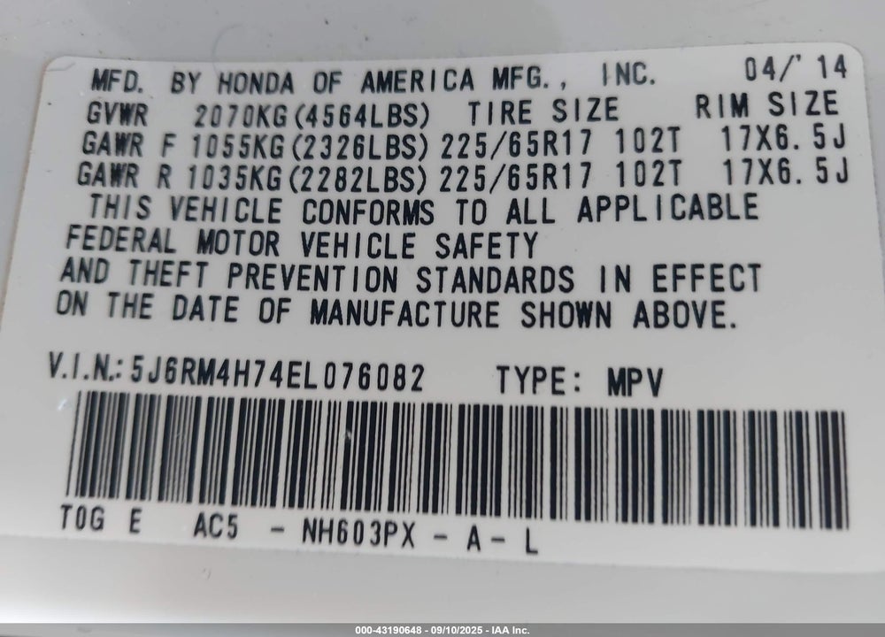 2014 HONDA CR-V VIN: 5J6RM4H74EL076082