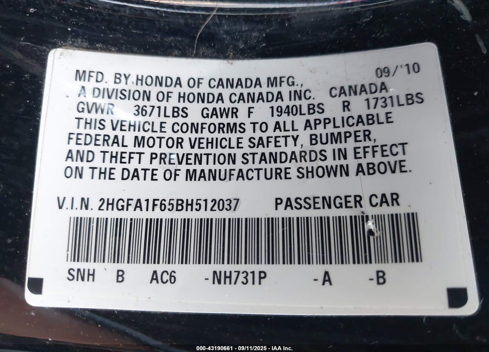 2011 HONDA CIVIC VIN: 2HGFA1F65BH512037