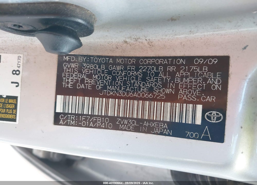 2010 TOYOTA PRIUS VIN: JTDKN3DU6A0066725