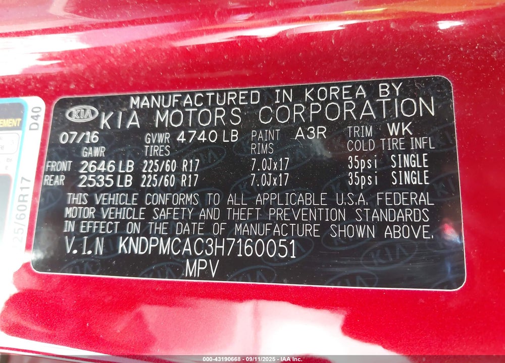 2017 KIA SPORTAGE VIN: KNDPMCAC3H7160051