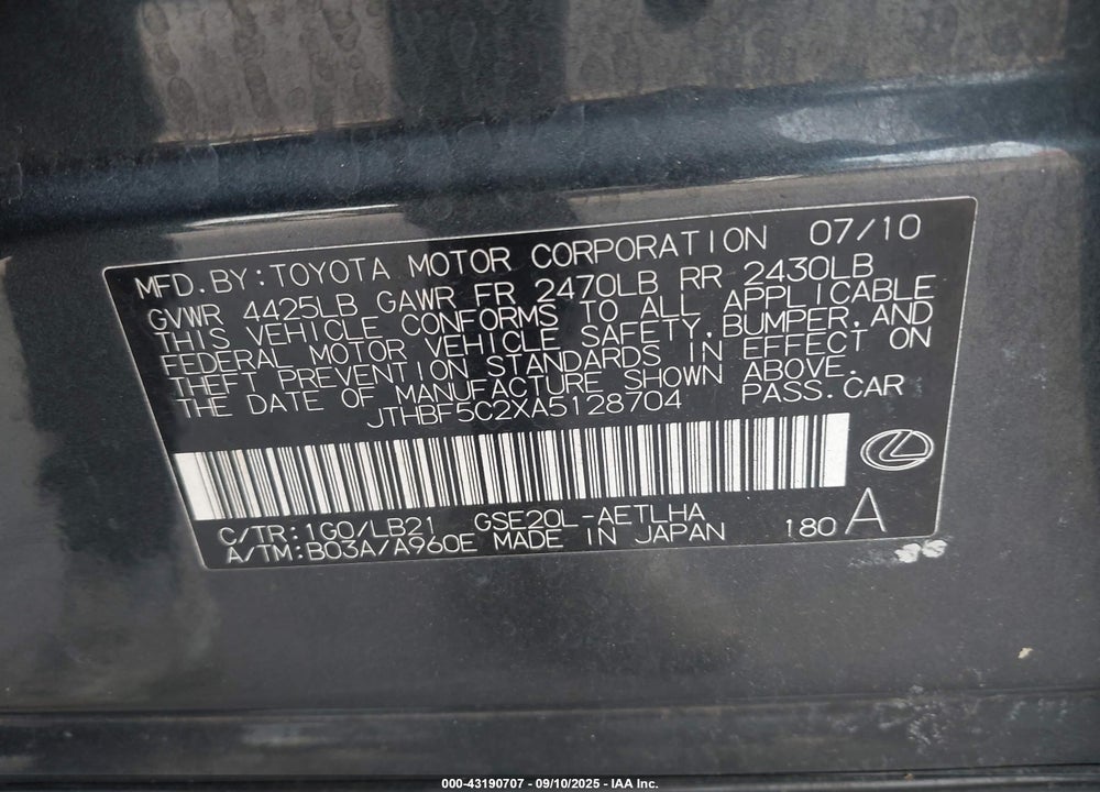 2010 LEXUS IS 250 VIN: JTHBF5C2XA5128704