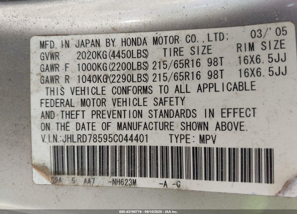 2005 HONDA CR-V LX VIN: JHLRD78595C044401