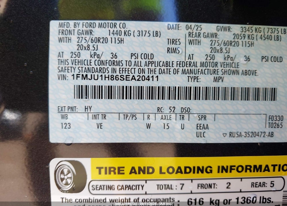 2025 FORD EXPEDITION VIN: 1FMJU1H86SEA20411