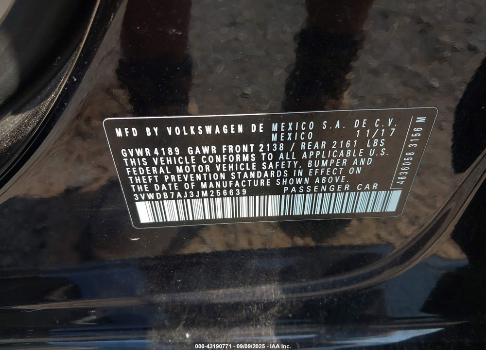 2018 VOLKSWAGEN JETTA VIN: 3VWDB7AJ3JM256639