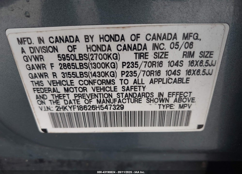 2006 HONDA PILOT EX-L VIN: 2HKYF18626H547329