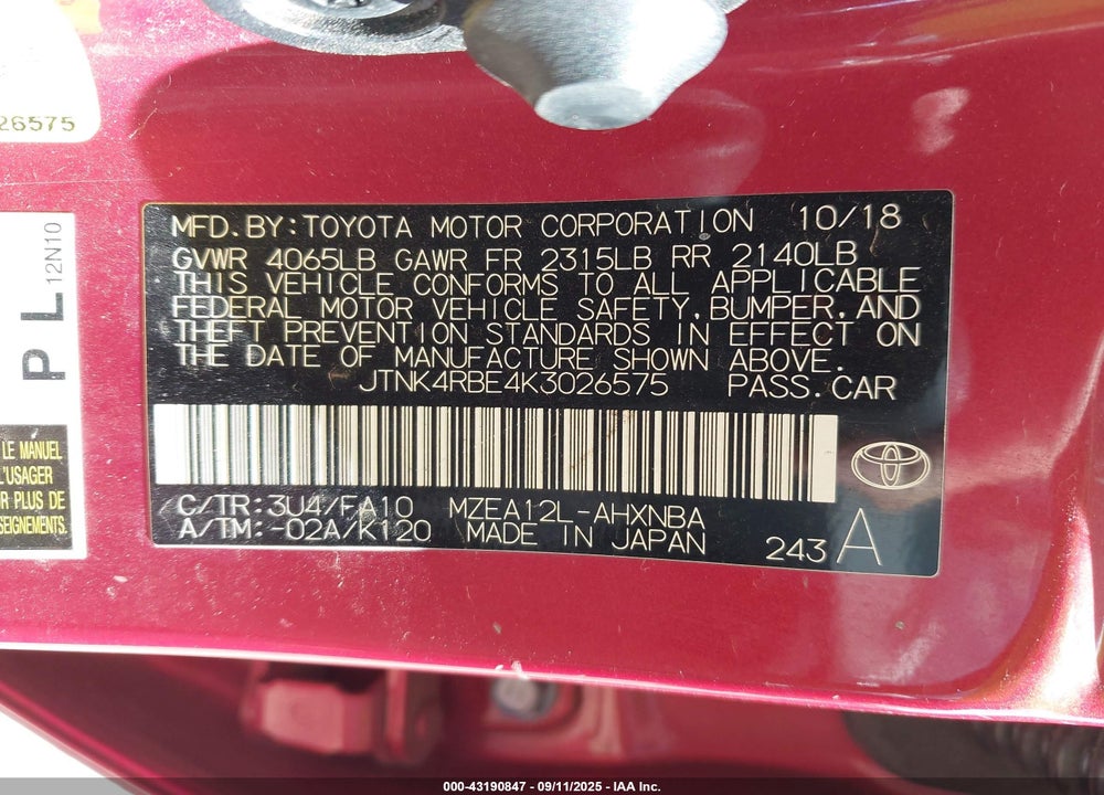 2019 TOYOTA COROLLA SE VIN: JTNK4RBE4K3026575