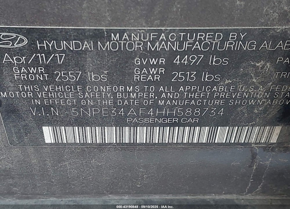 2017 HYUNDAI SONATA VIN: 5NPE34AF4HH588734
