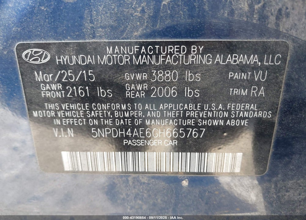 2016 HYUNDAI ELANTRA SE VIN: 5NPDH4AE6GH665767