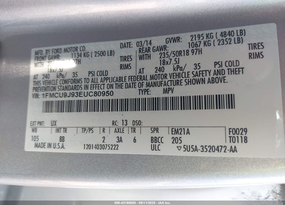 2014 FORD ESCAPE VIN: 1FMCU9J93EUC80950