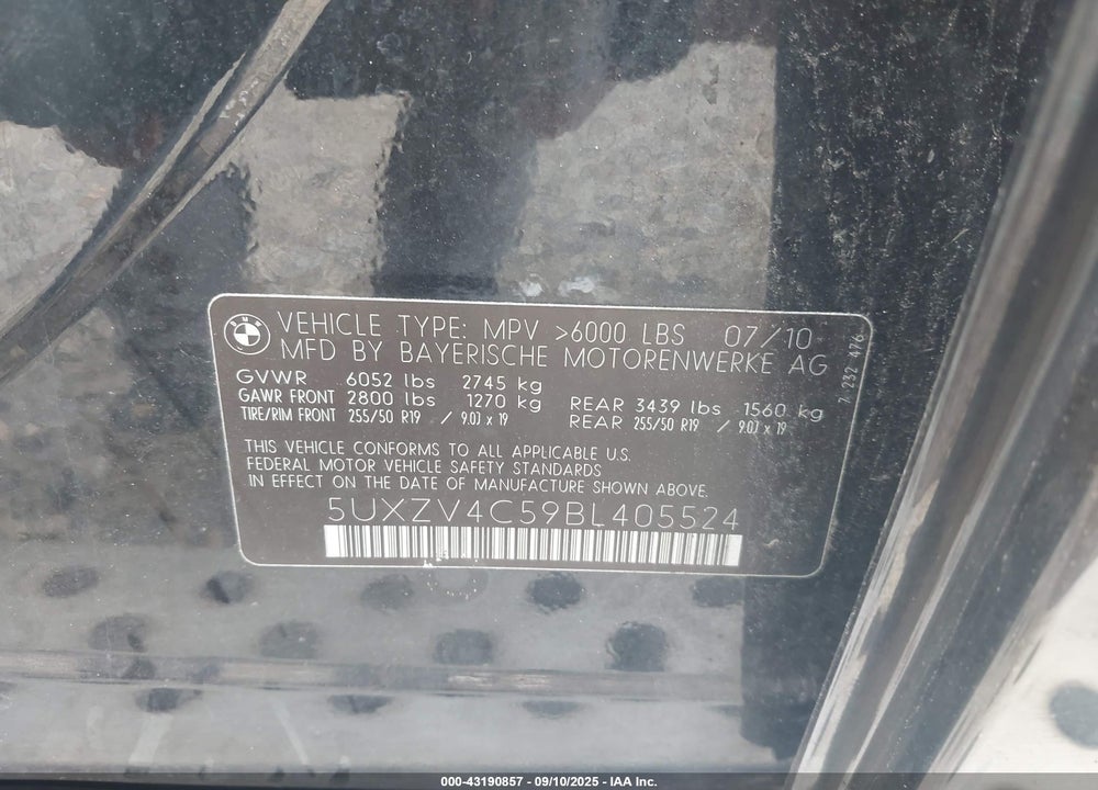 2011 BMW X5 VIN: 5UXZV4C59BL405524