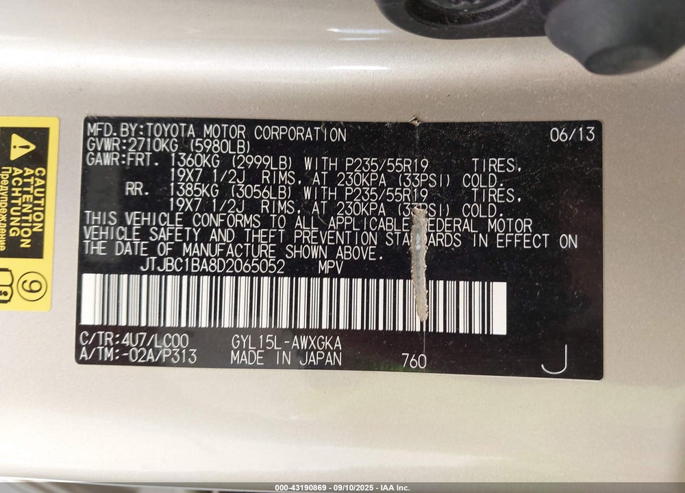 2013 LEXUS RX 450H VIN: JTJBC1BA8D2065052