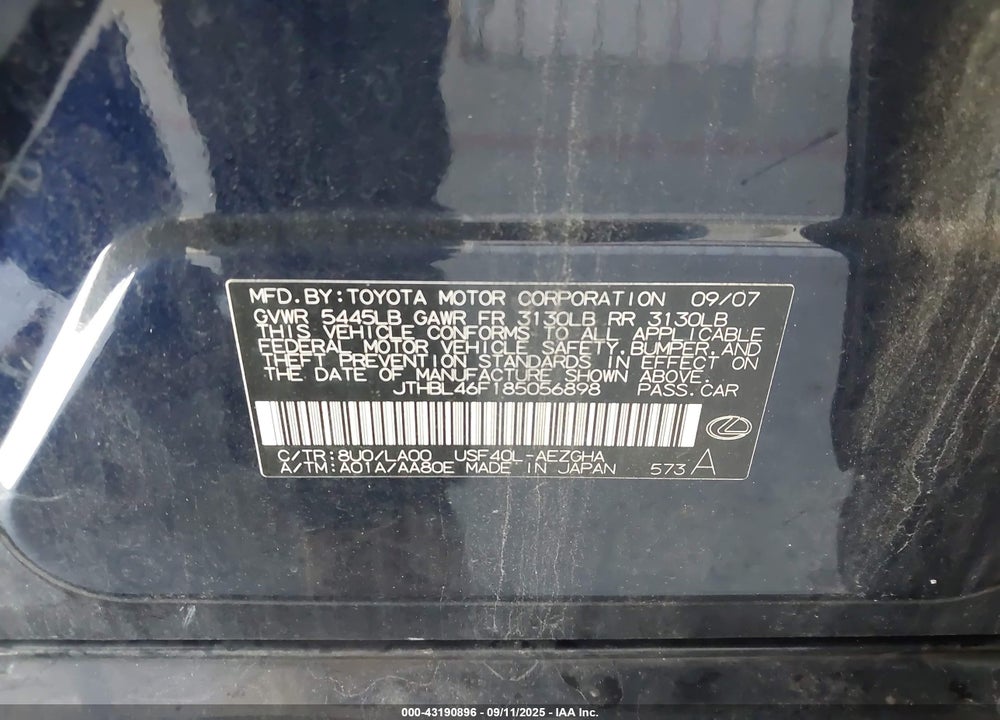 2008 LEXUS LS 460 VIN: JTHBL46F185056898