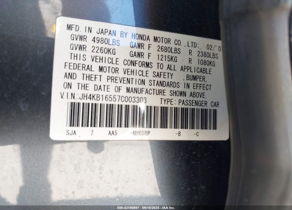 2007 ACURA RL 3.5 VIN: JH4KB16557C003303