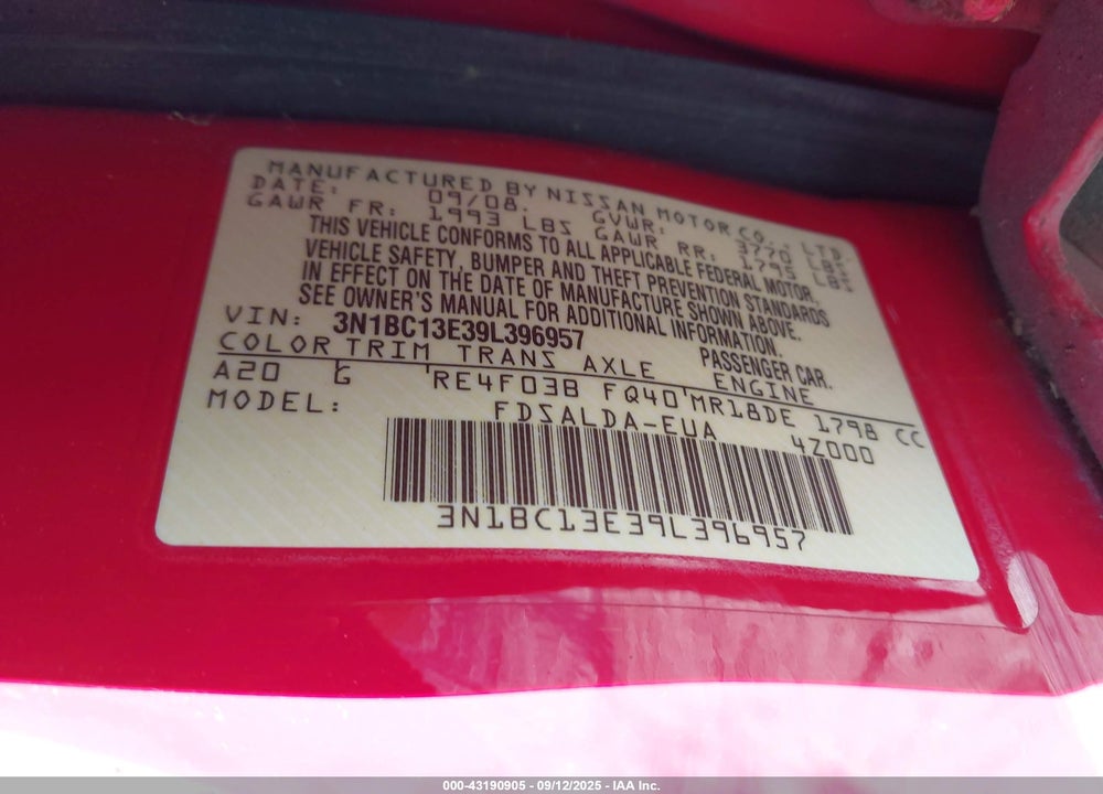 2009 NISSAN VERSA VIN: 3N1BC13E39L396957