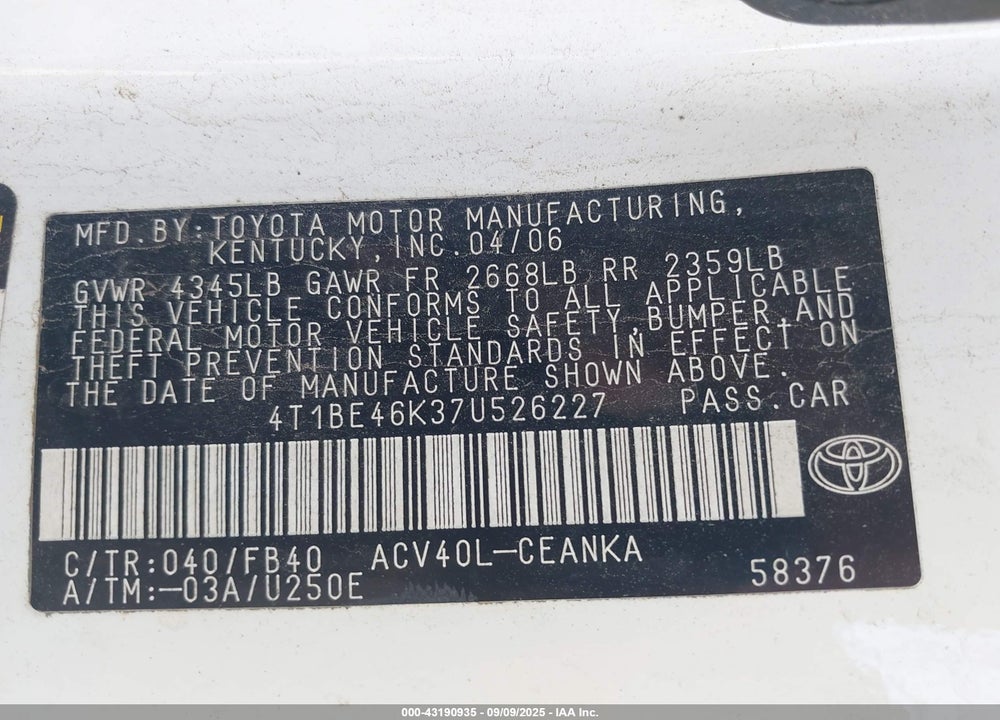 2007 TOYOTA CAMRY LE VIN: 4T1BE46K37U526227