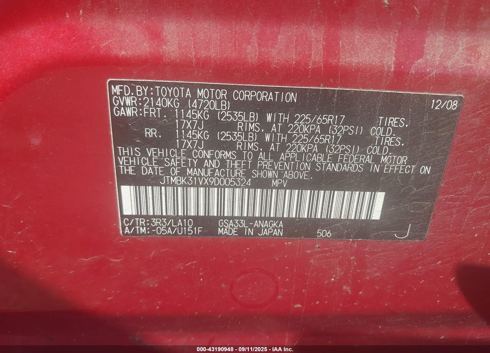 2009 TOYOTA RAV4 VIN: JTMBK31VX9D005324