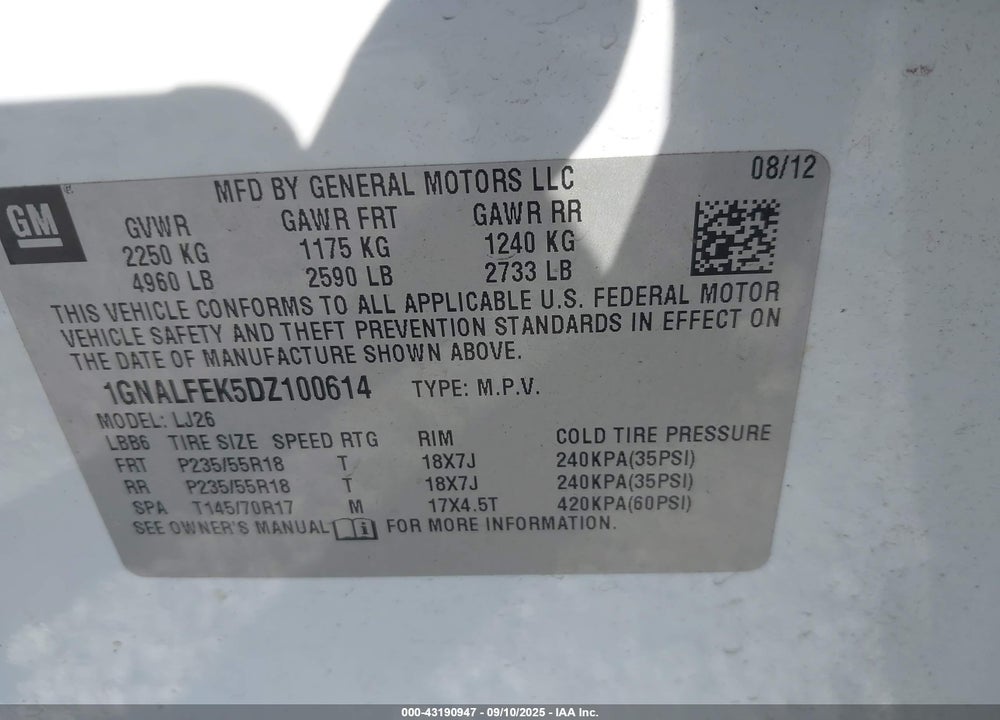 2013 CHEVROLET EQUINOX VIN: 1GNALFEK5DZ100614