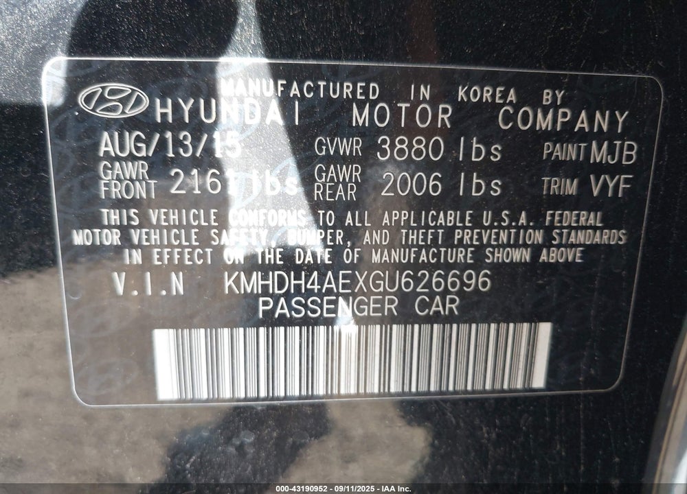 2016 HYUNDAI ELANTRA VIN: KMHDH4AEXGU626696