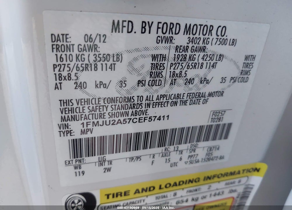 2012 FORD EXPEDITION VIN: 1FMJU2A57CEF57411