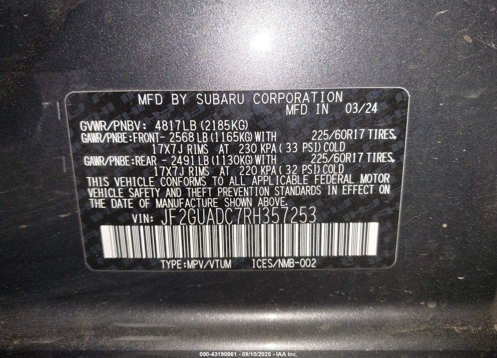 2024 SUBARU CROSSTREK VIN: JF2GUADC7RH357253